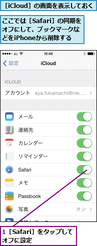 1［Safari］をタップしてオフに設定   ,ここでは［Safari］の同期をオフにして、ブックマークなどをiPhoneから削除する,［iCloud］の画面を表示しておく