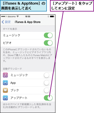 ［iTunes & AppStore］の画面を表示しておく,［アップデート］をタップしてオンに設定    
