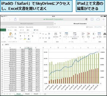 iPadの「Safari」でSkyDriveにアクセスし、Excel文書を開いておく,iPad上で文書の編集ができる