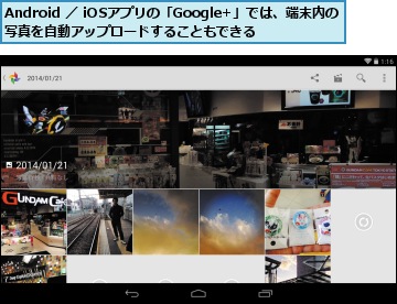 Android ／ iOSアプリの「Google+」では、端末内の写真を自動アップロードすることもできる