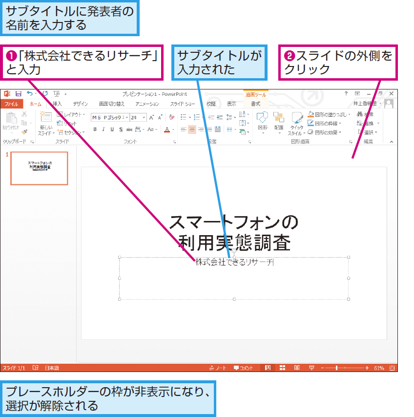 パワーポイントで最初のスライド 表紙 を作成する方法 Powerpoint できるネット