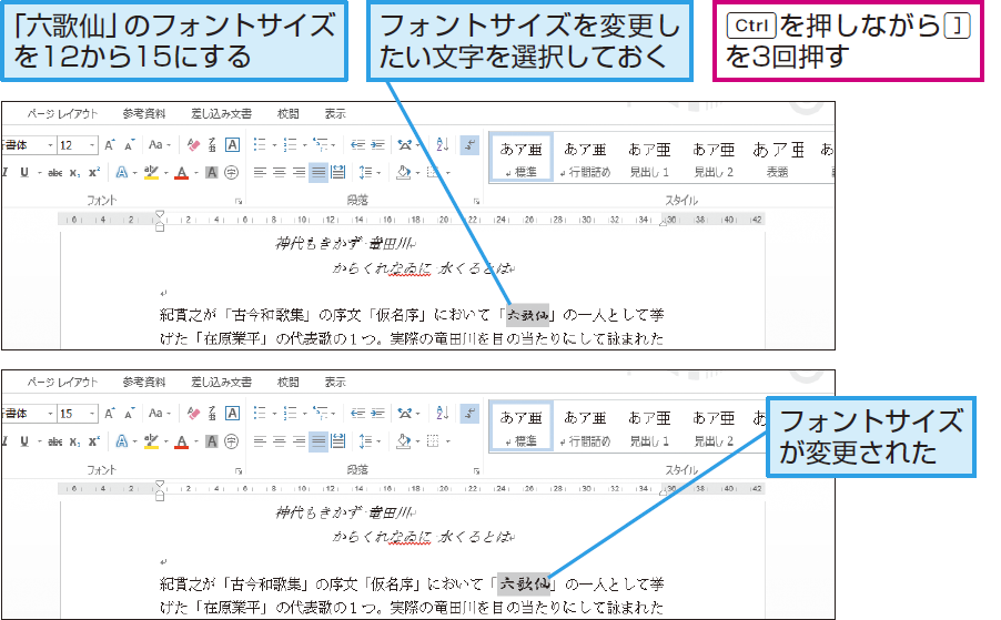 ショートカットキーで文字を1ポイント大きく または小さくする ショートカットキー できるネット