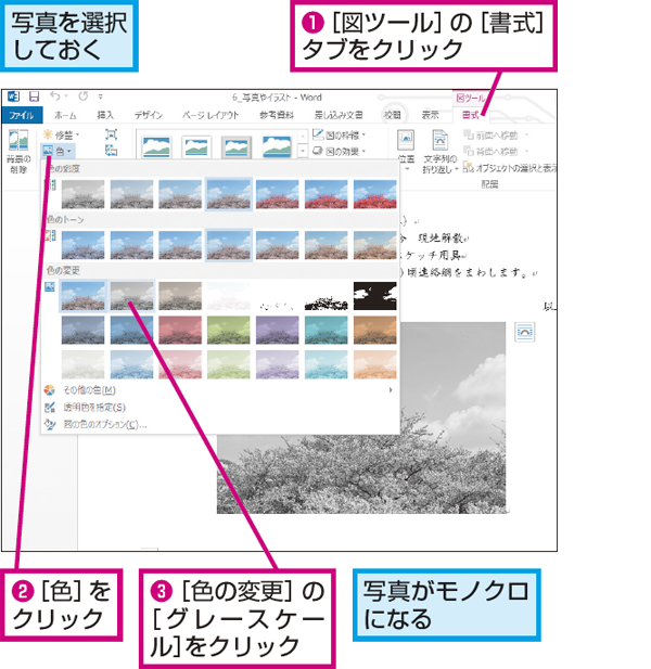 Wordでカラーの写真をモノクロに加工する方法 できるネット