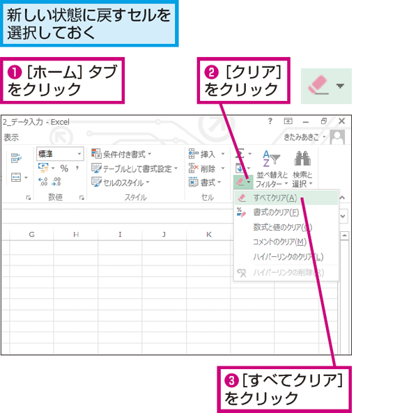 Excelで セルのデータと書式をまとめて削除し 初期化する方法 Excel できるネット