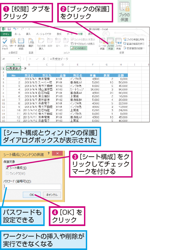 Excelでワークシートの構成を変更されないようにブックを保護する方法 できるネット