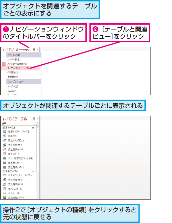 Accessのナビゲーションウィンドウでオブジェクトの表示方法を変更する方法 できるネット