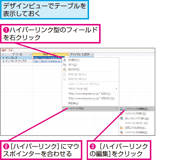 Accessのテーブルでのハイパーリンク型の使い方 できるネット