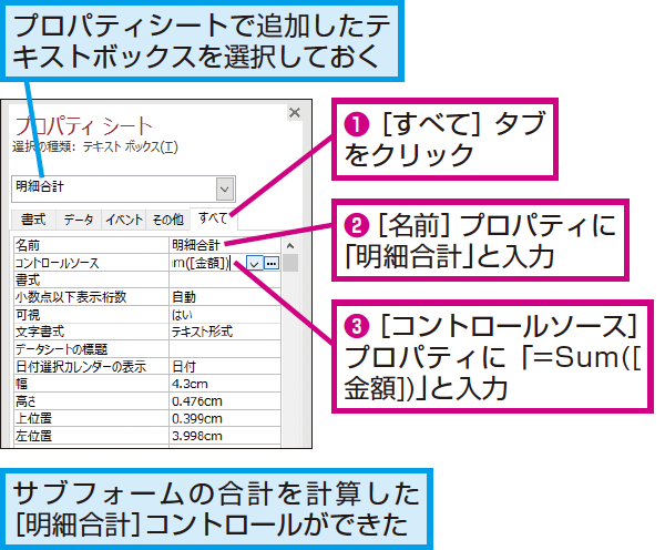 Accessのメインフォームにサブフォームの合計を表示する方法 できるネット