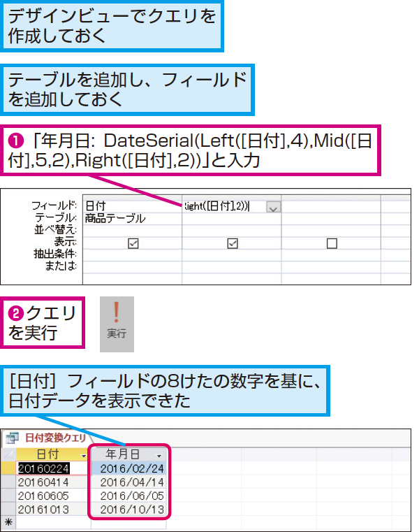 Accessの関数で8ケタの数字から日付データを作成する方法 | Access | できるネット