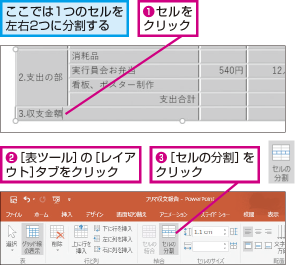 Powerpointで表のセルを分割して別の文字を入力する方法 できるネット