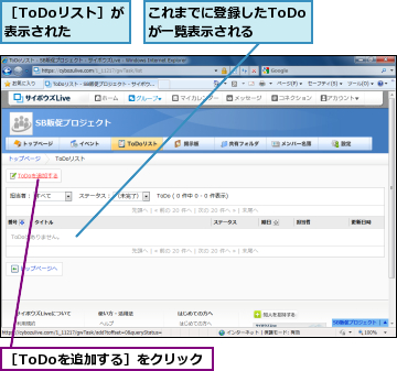 これまでに登録したToDoが一覧表示される   ,［ToDoを追加する］をクリック,［ToDoリスト］が表示された