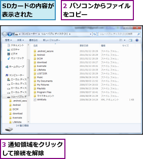 2 パソコンからファイルをコピー        ,3 通知領域をクリックして接続を解除    ,SDカードの内容が表示された  