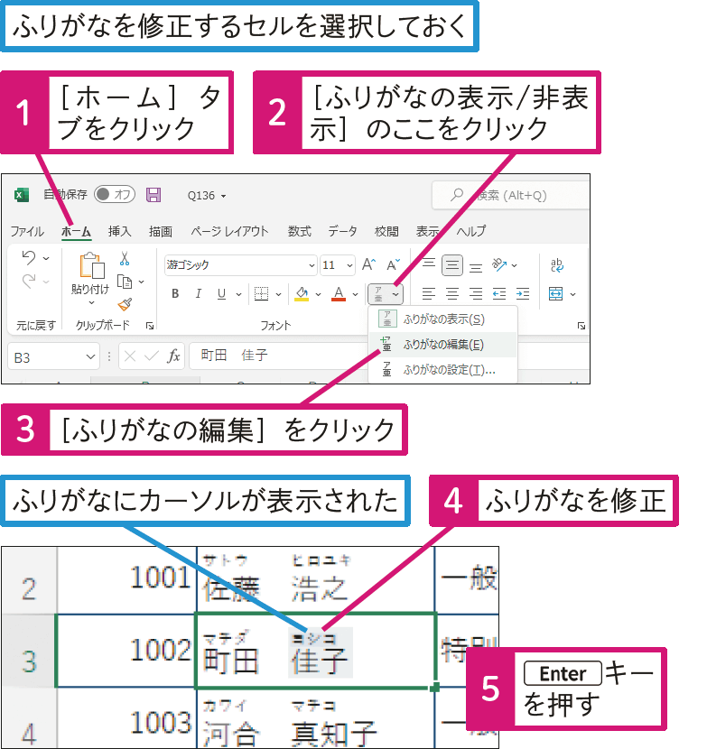 ふりがなを修正するには