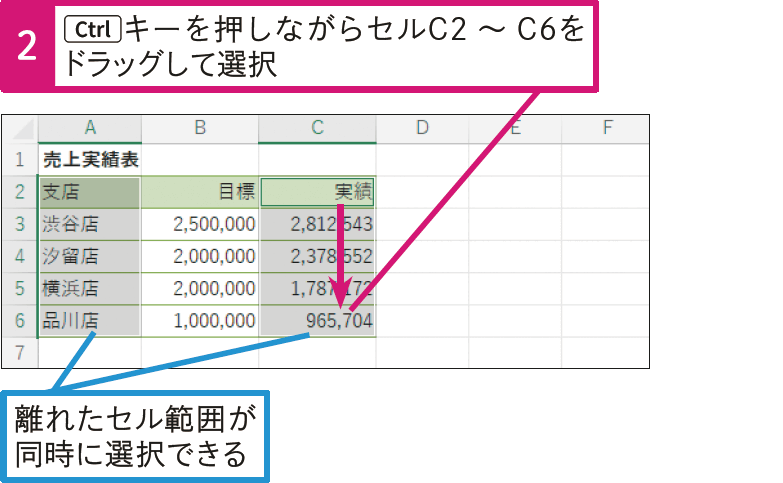 離れたセルを同時に選択できる？