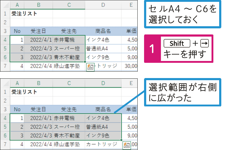 選択範囲を広げたり狭めたりするには