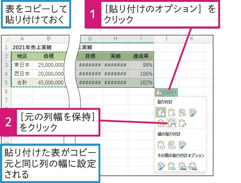 元の列の幅のまま表をコピーできる？