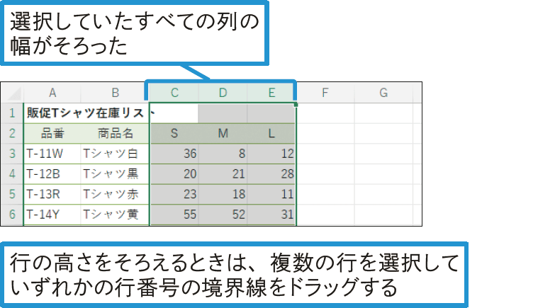 複数の行の高さや列の幅をそろえるには