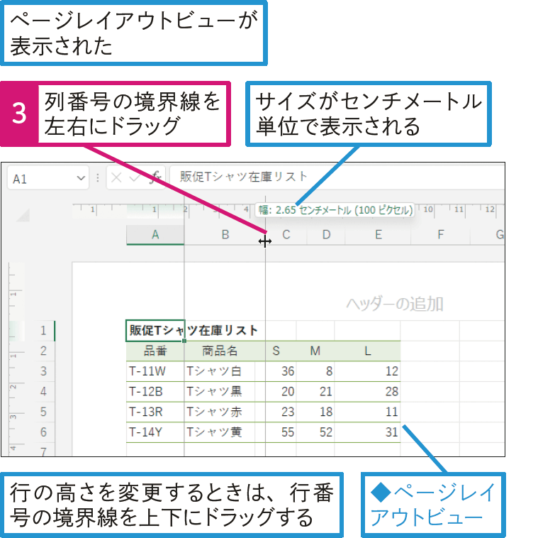 行の高さや列の幅をセンチメートル単位で指定できる？