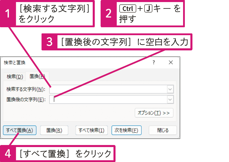 すべてのセル内の改行を一度に削除するには