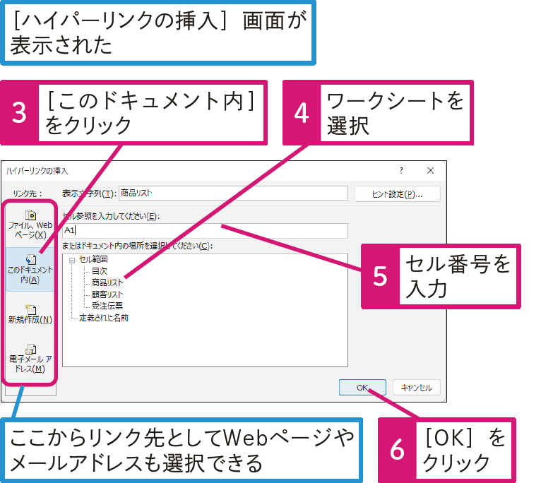 セルのクリックで特定のワークシートにジャンプするには