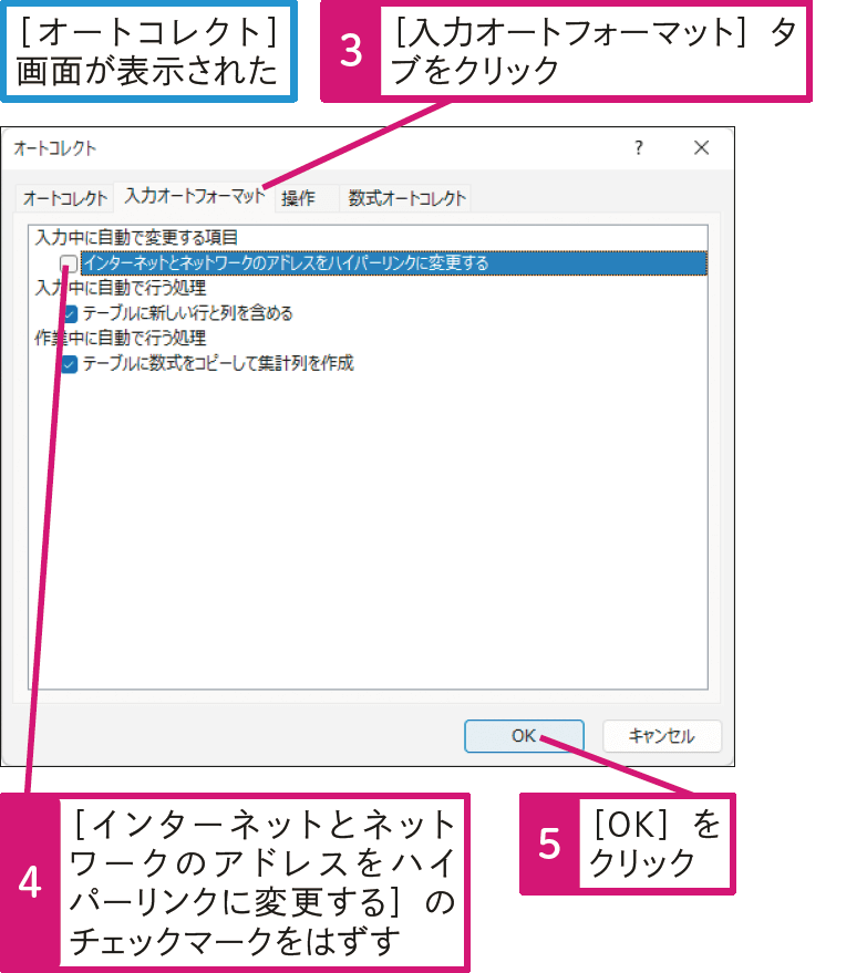 ハイパーリンクが自動設定されないようにするには