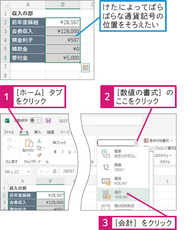 通貨記号の位置がそろっていない