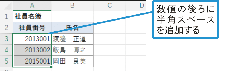 数値の末尾に1文字分の空白を挿入するには