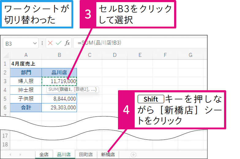 複数のワークシート上にある同じセルを合計するには