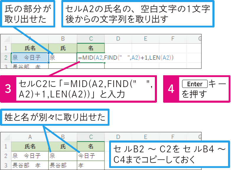 氏名の姓と名を別々のセルに分けられる？