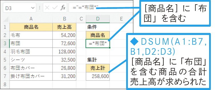 別表で「○○を含む」という条件を指定するには