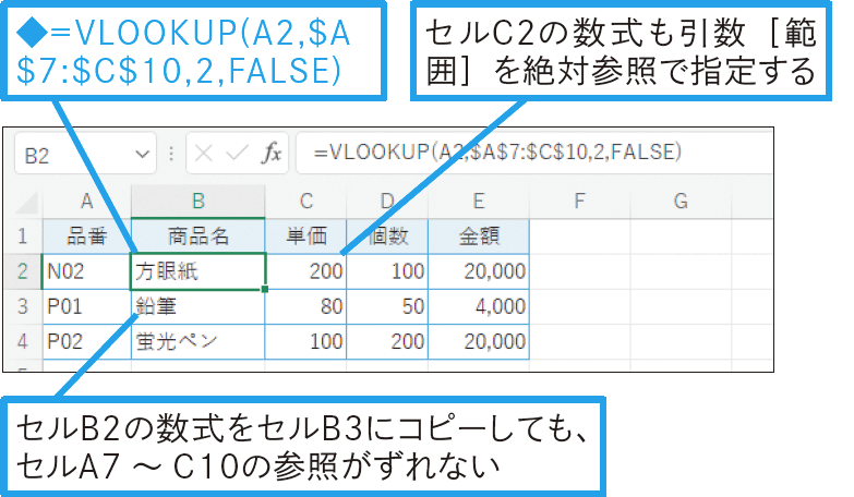 VLOOKUP関数を複数の行にコピーするには