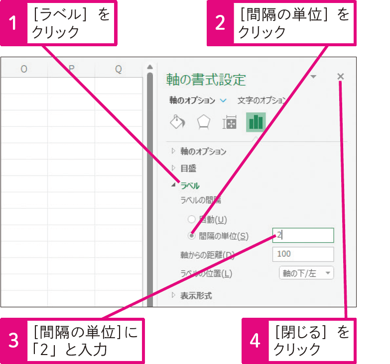 横（項目）軸の項目の間隔を1つ飛ばして表示するには