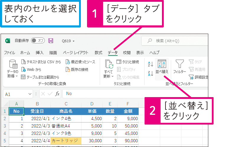 セルに設定された色に基づいてデータを並べ替えるには