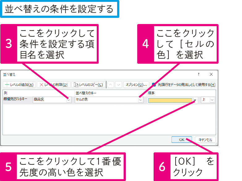 セルに設定された色に基づいてデータを並べ替えるには