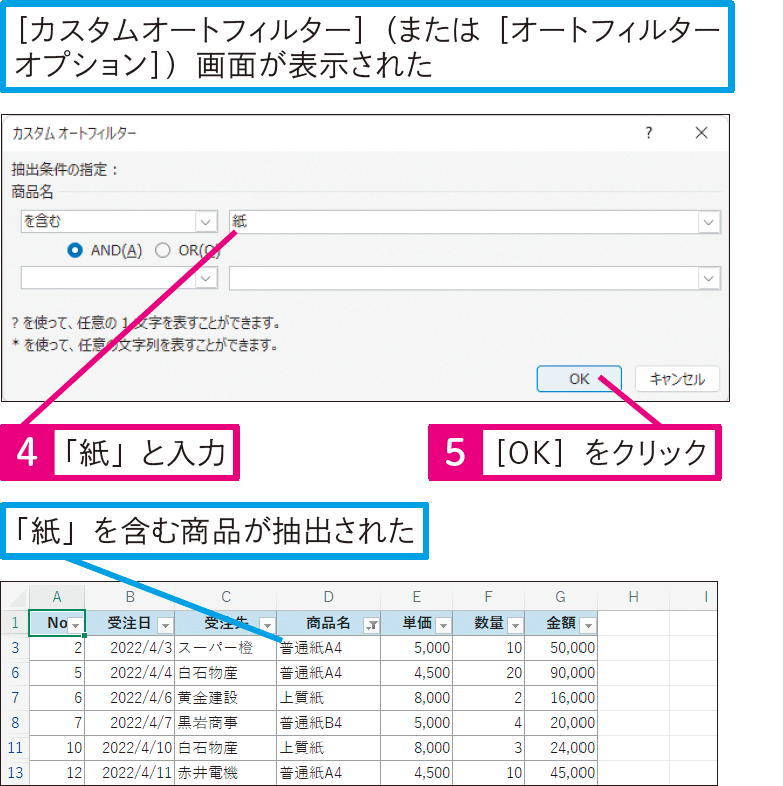 「○○」を含むデータを抽出するには