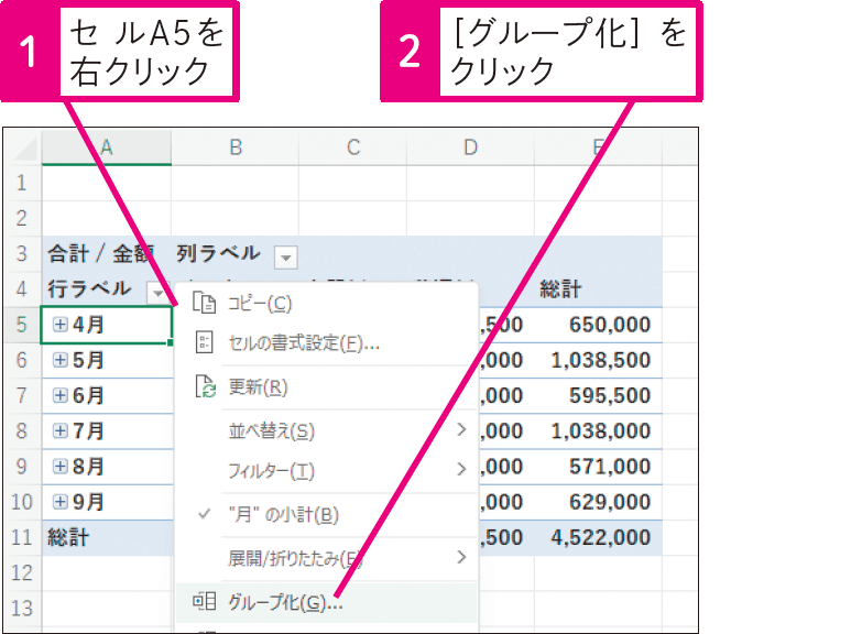 日付のグループ化の単位を変更するには