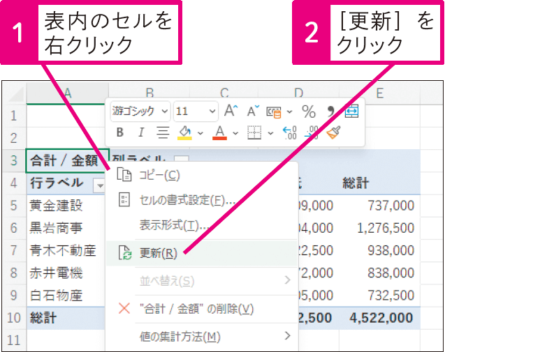 集計元のデータの変更を反映するには