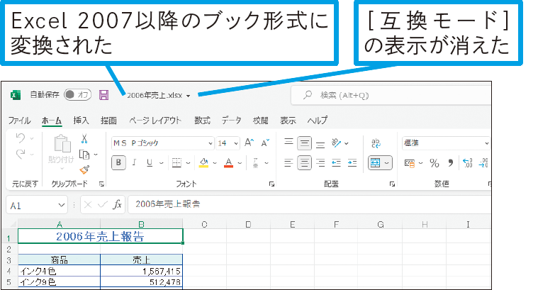 Excel 2003で作られたブックを2007以降の形式で保存するには