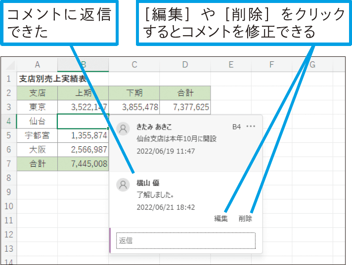 会話形式のコメントに返信するには