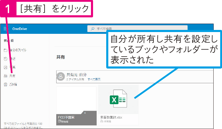 共有されているブックやフォルダーを確認したい