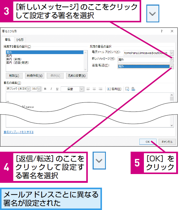 Outlookでメールアドレスごとに署名を設定する方法 できるネット