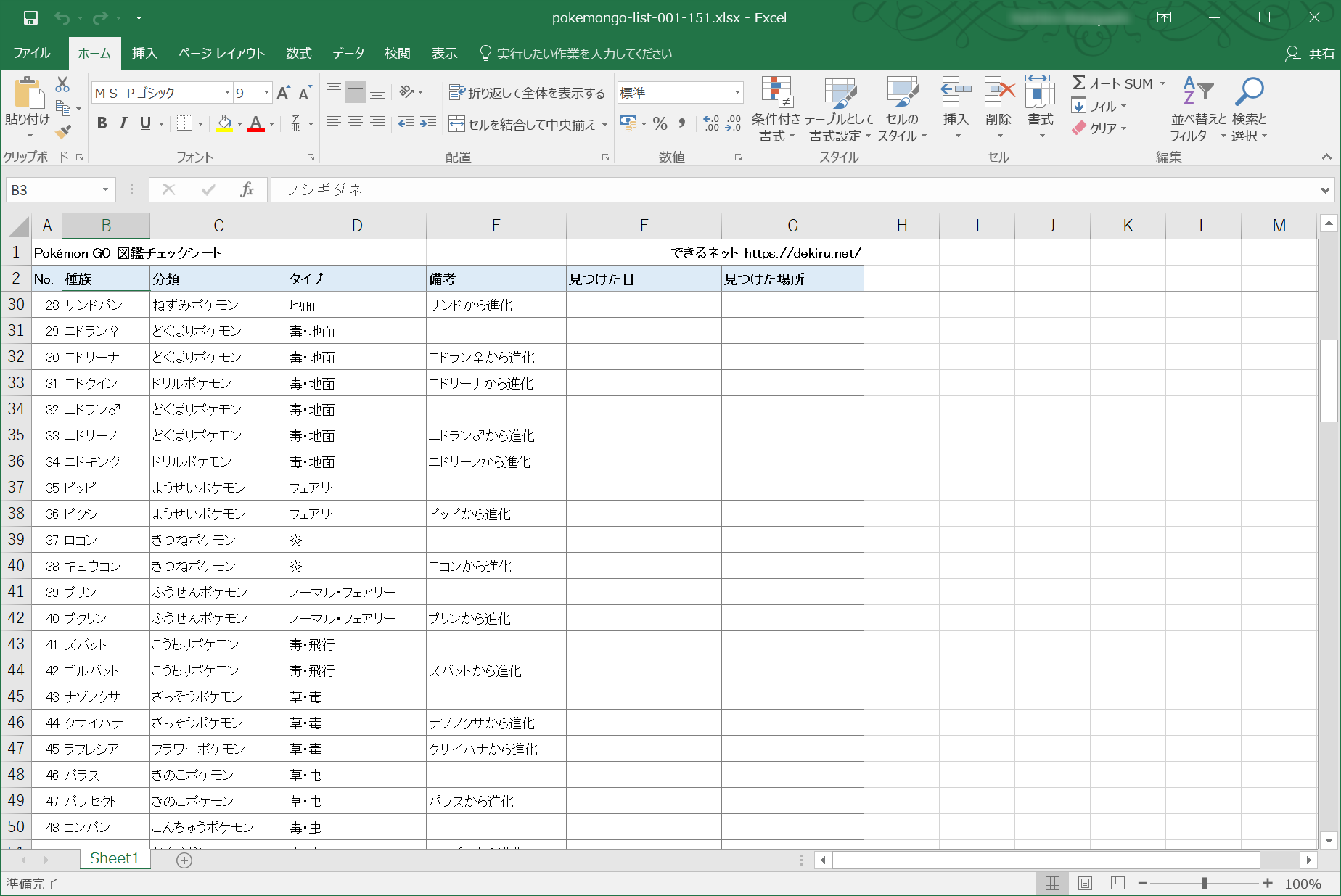 ポケモンgo 図鑑完成のヒントとexcel用ポケモンリスト No 1 151 できるネット