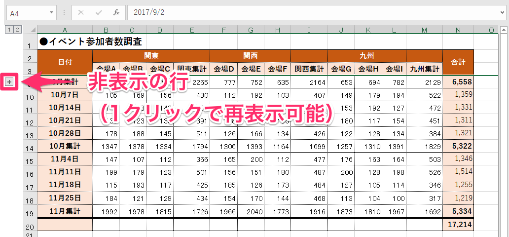 エクセル時短 行や列を隠すときに 非表示 はng できる人は グループ化 を使っている エクセル時短 できるネット