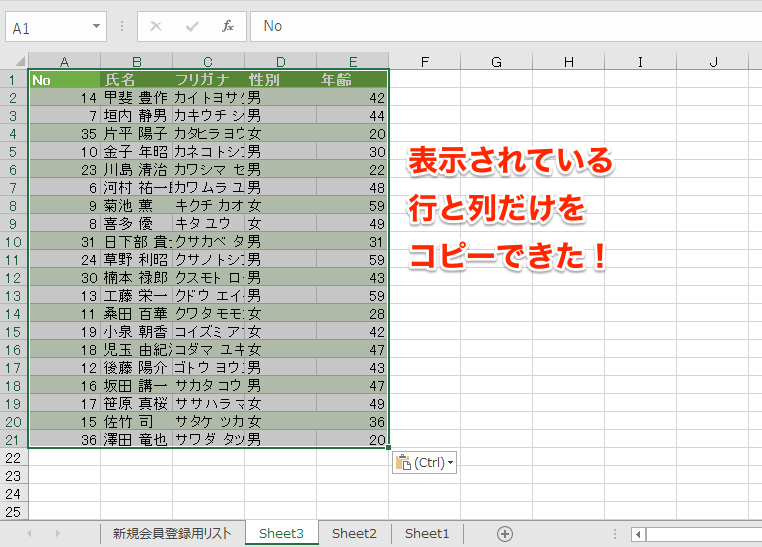 エクセル時短 見えているセルだけコピペしたい 非表示の行と列を除いて選択する方法 エクセル時短 できるネット