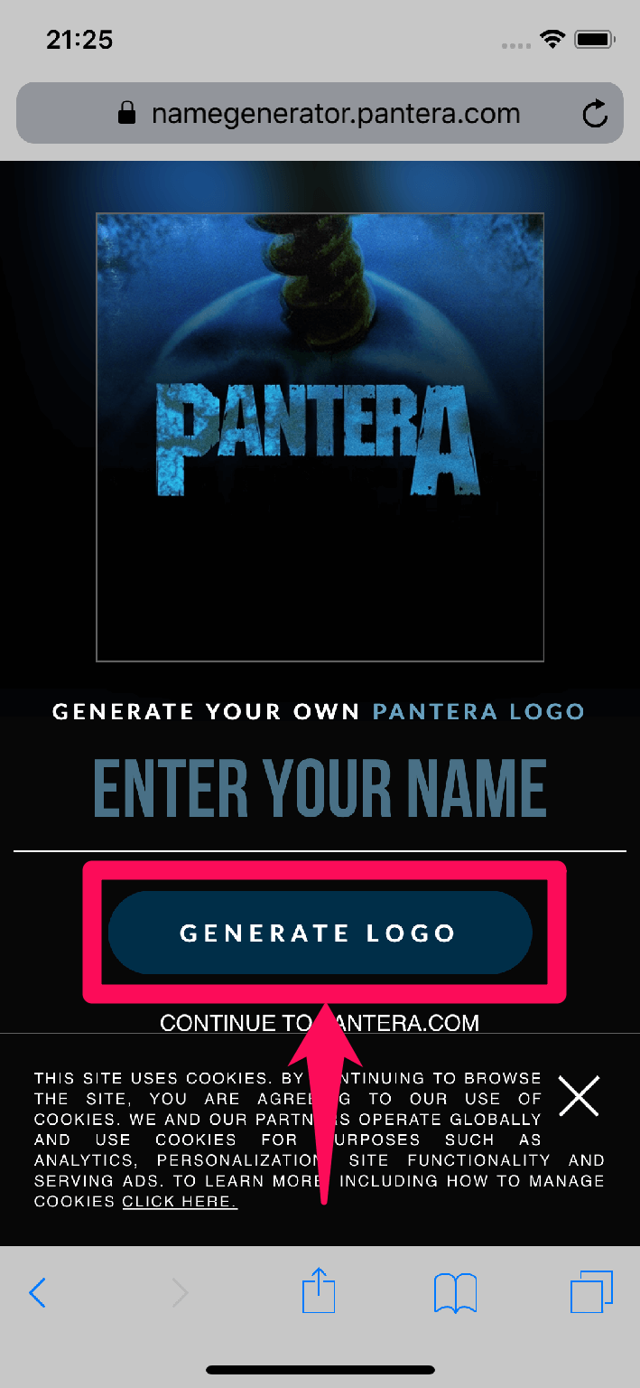 「GENERATE YOUR OWN PANTERA LOGO」のトップ画面