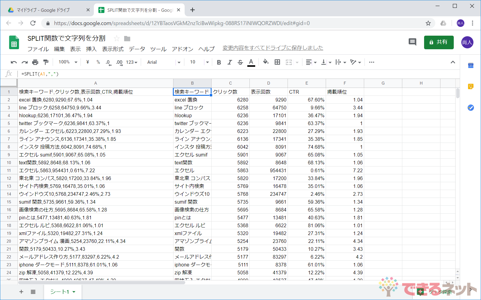 Split関数で文字列を分割 データを や で区切って個別のセルに格納できる Googleドライブ できるネット