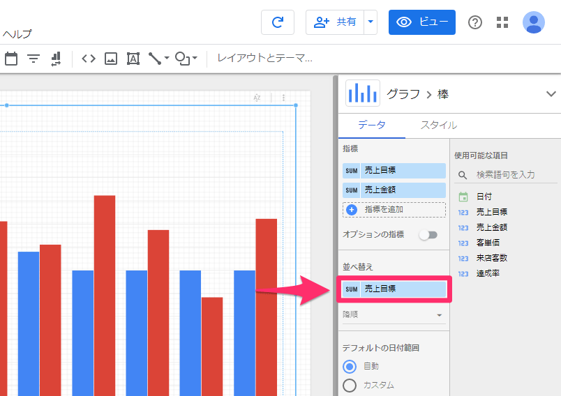 【Googleデータポータル】日別の売上目標・実績を棒グラフで表現。データ視覚化の基本を理解する