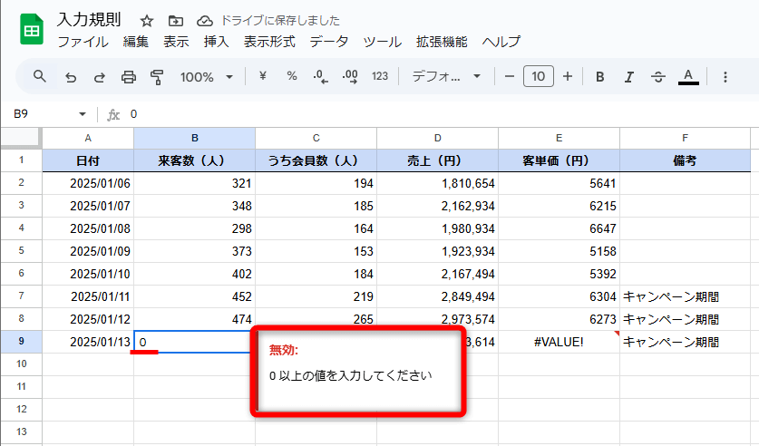 入力できるデータを制限したいときは「入力規則」が便利