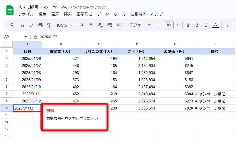 入力できるデータを制限したいときは「入力規則」が便利